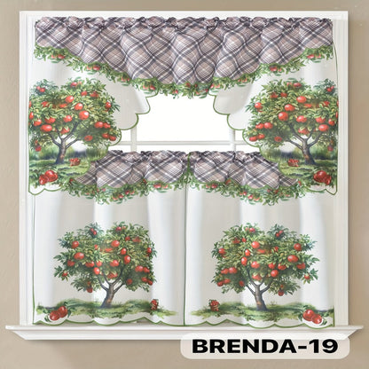 Kitchen Curtains 3 Piece Set Embroidered Satin Valance and Tiers – Rod Pocket Light Filtering Machine Washable 46 Colors