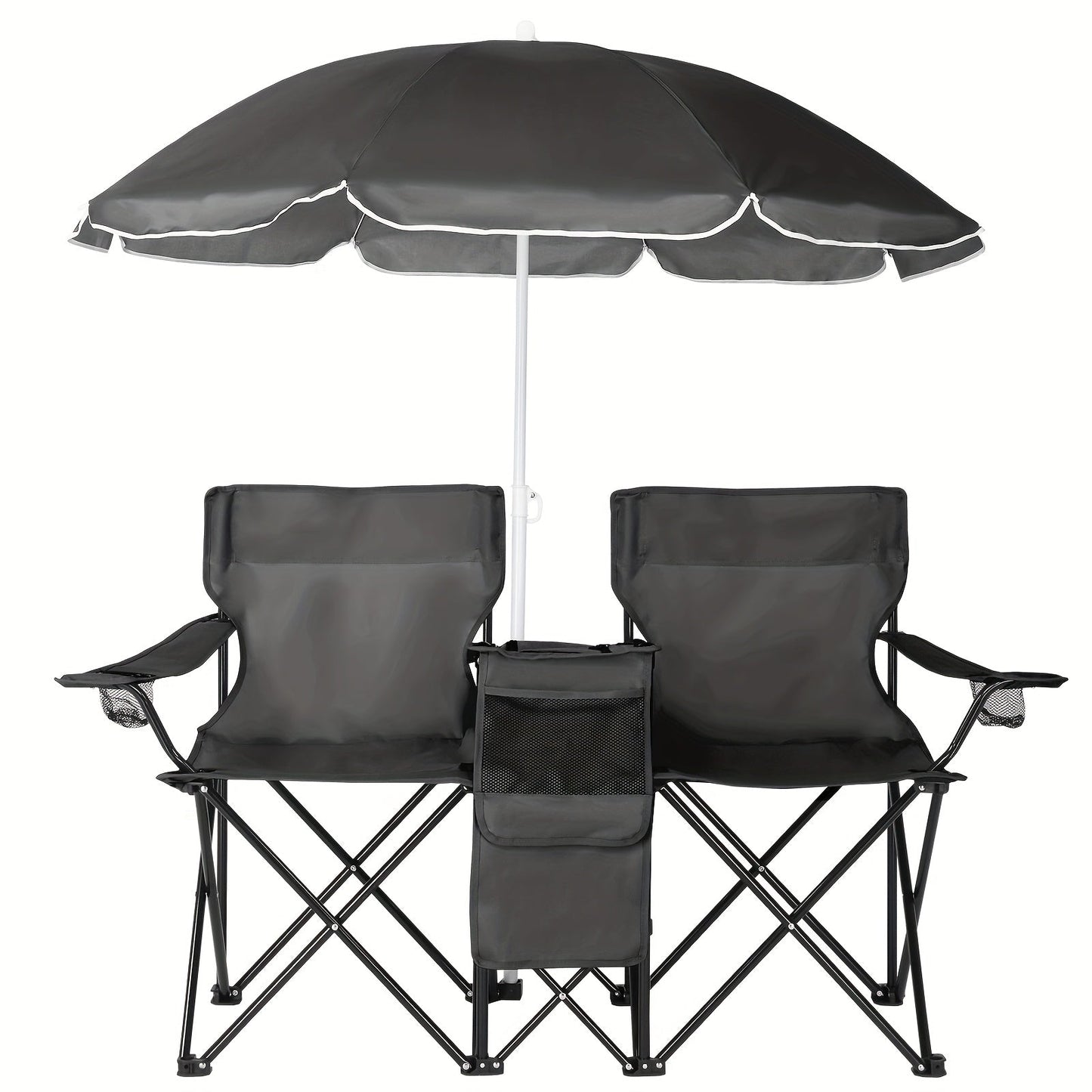 Portable Folding Chair with Removable Sun Umbrella – 2-Seat Outdoor Foldable Chair, Steel Frame Oxford Fabric