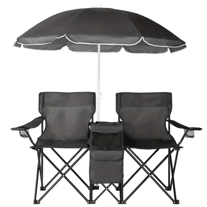 Portable Folding Chair with Removable Sun Umbrella – 2-Seat Outdoor Foldable Chair, Steel Frame Oxford Fabric