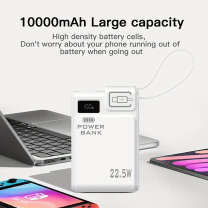 10000mAh Power Bank with 22.5W Label, Built-In USB-A and USB-C Cables, Three Outputs and Display