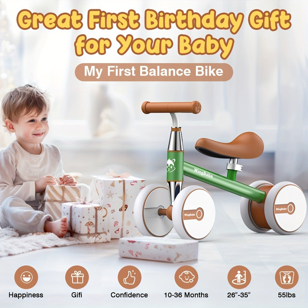 4 Wheel Balance Bike for Baby Toddlers 10-36 Months, First Bike with Adjustable Seat, 90° Steering Limit & Silent Anti-Slip Tires