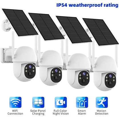 White Solar WiFi Security Camera Set with Two- or Four-Camera Options, Pan-Tilt View and Full-Color Night Vision