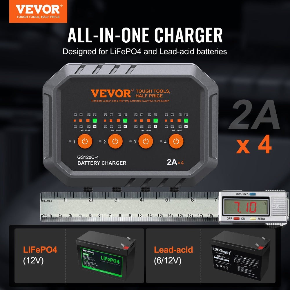 Smart Battery Charger 8A VEVOR Intelligent Charger & Maintainer for LiFePO4, AGM, Gel, SLA & Lead-Acid Batteries