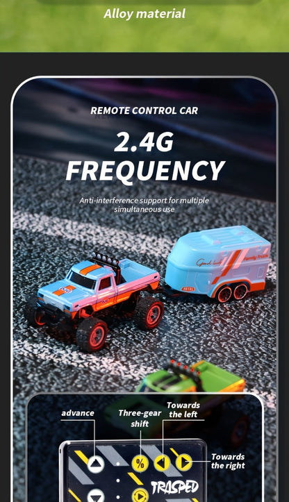 Mini RC Monster Truck 1:64 Scale with Matching Trailer, 2.4GHz Controller, LED Details and Three Color Options