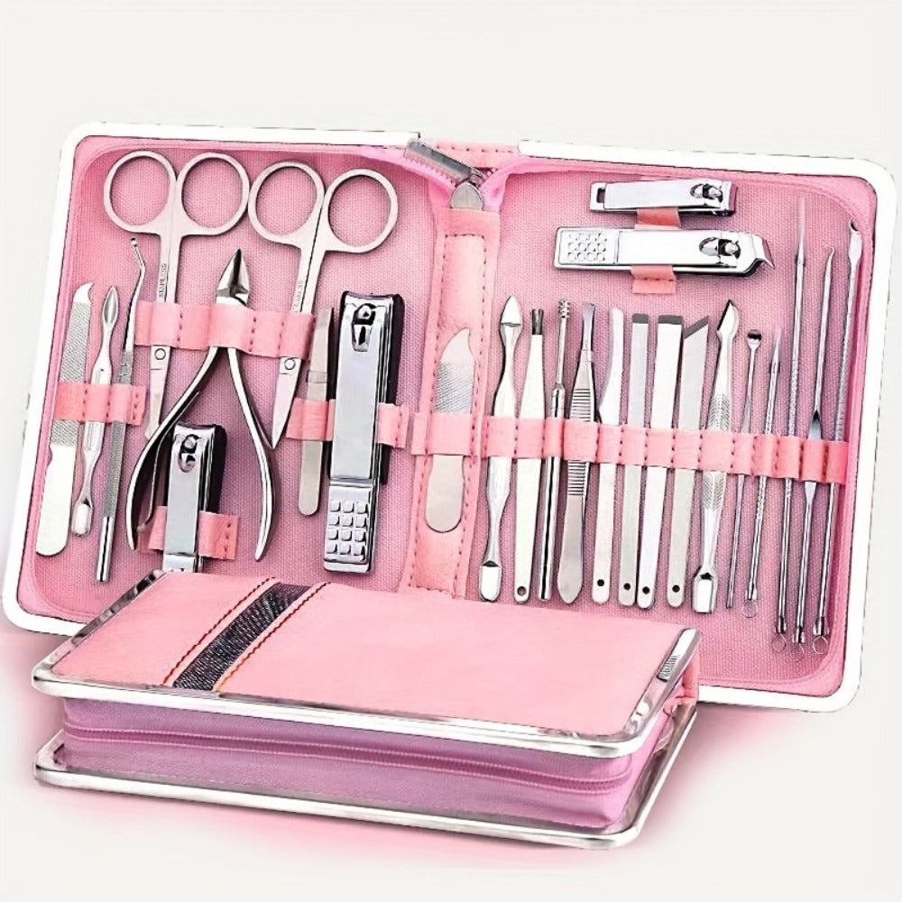 Manicure Pedicure Set 26pcs Pink Stainless Steel – Precision Nail Clippers Cuticle Nipper & Dead Skin Scissors 45° Blade Professional