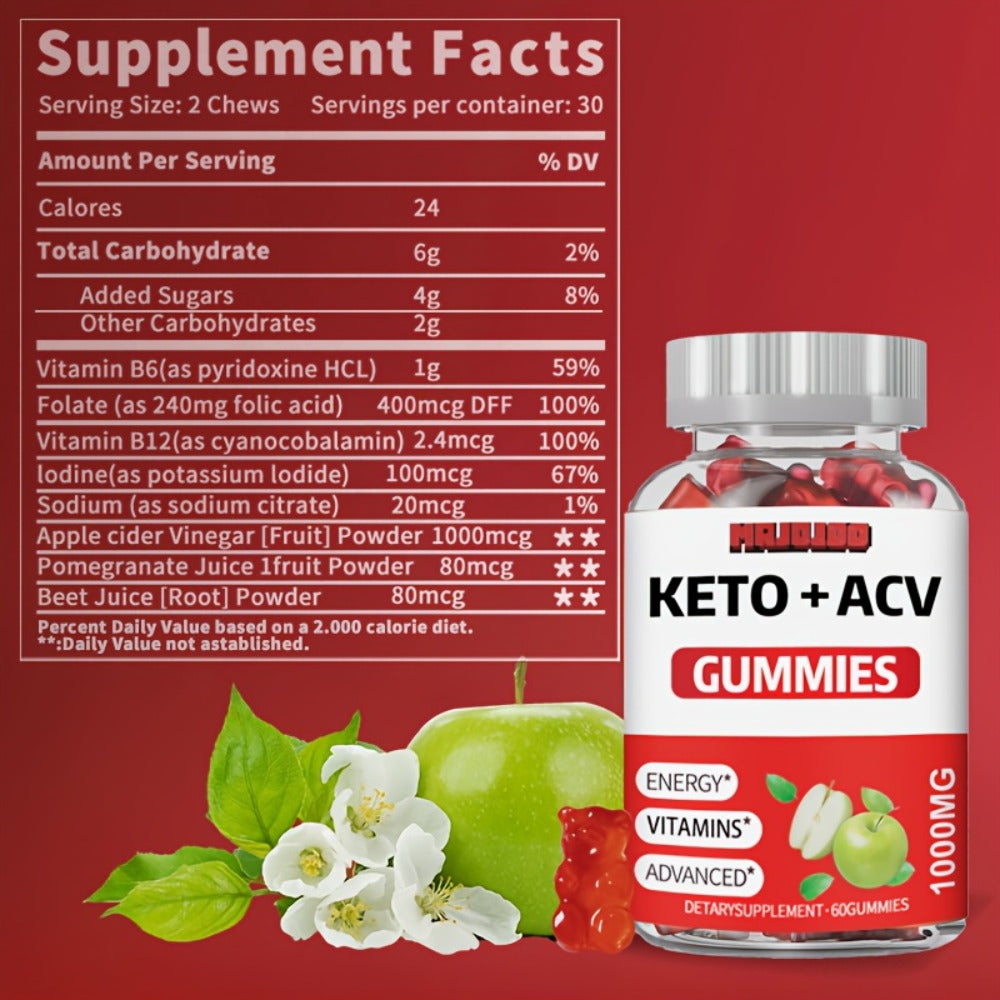 Apple Cider Vinegar Gummies with Pomegranate, Beet Juice & B12, Vegan Keto ACV Gummies for Weight Management