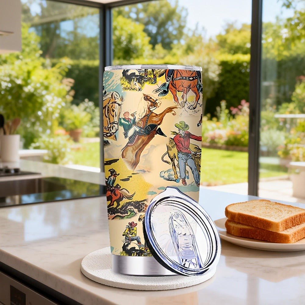 Insulated Tumbler 20oz Cowboy Western Graphic in Yellow Stainless Steel with Lid and Straw