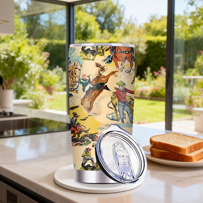 Insulated Tumbler 20oz Cowboy Western Graphic in Yellow Stainless Steel with Lid and Straw