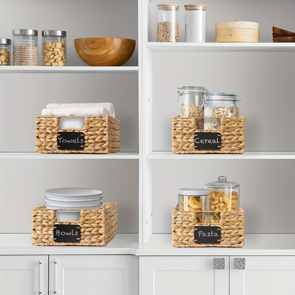 Water Hyacinth Pantry Storage Baskets with Chalkboard Labels, 9 x 12 x 5-Inch, 1- to 4-Pack