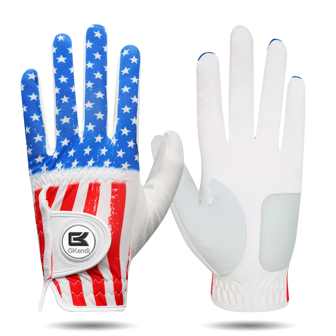 Men's Golf Glove Left Hand with Ball Marker – Breathable All Weather Grip, Hook & Loop Closure, Sizes S M ML L XL, USA Flag, Blue & White