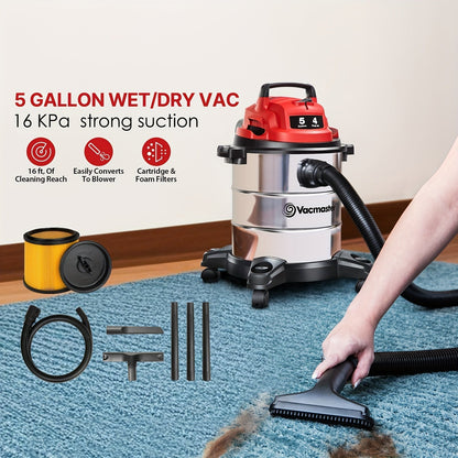 Wet Dry Vacuum Cleaner Shop Vac Stainless Steel 5 or 8 Gallon with Blower Function Powerful for Entryways, Bedrooms and Living Spaces