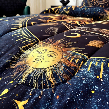 Sun Moon and Planet Print Comforter Set in Black with Twin, Full, Queen and King Size Options