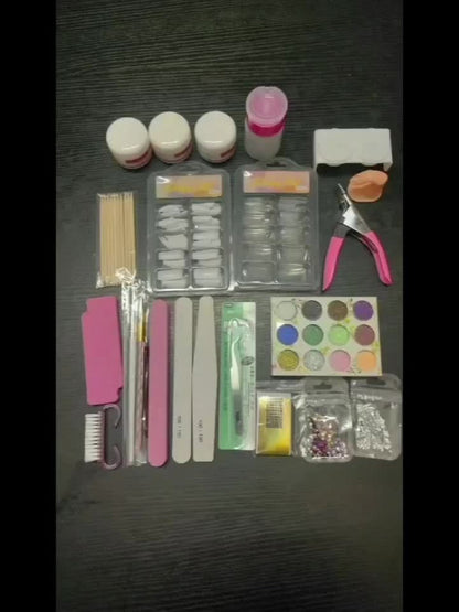 Acrylic Nail Kit 23-in-1 Complete Set with 12 Glitter Colors White & Pink Powder – DIY Nail Extension System No Glue No Liquid Needed