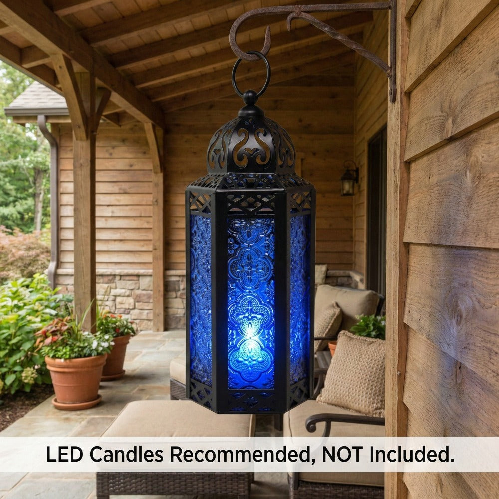 Moroccan Candle Lantern Holder - Decorative Metal & Glass Lantern with Embossed Floral Design for Indoor Home Decor