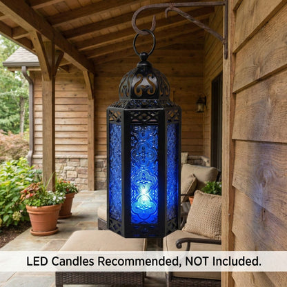 Moroccan Candle Lantern Holder - Decorative Metal & Glass Lantern with Embossed Floral Design for Indoor Home Decor