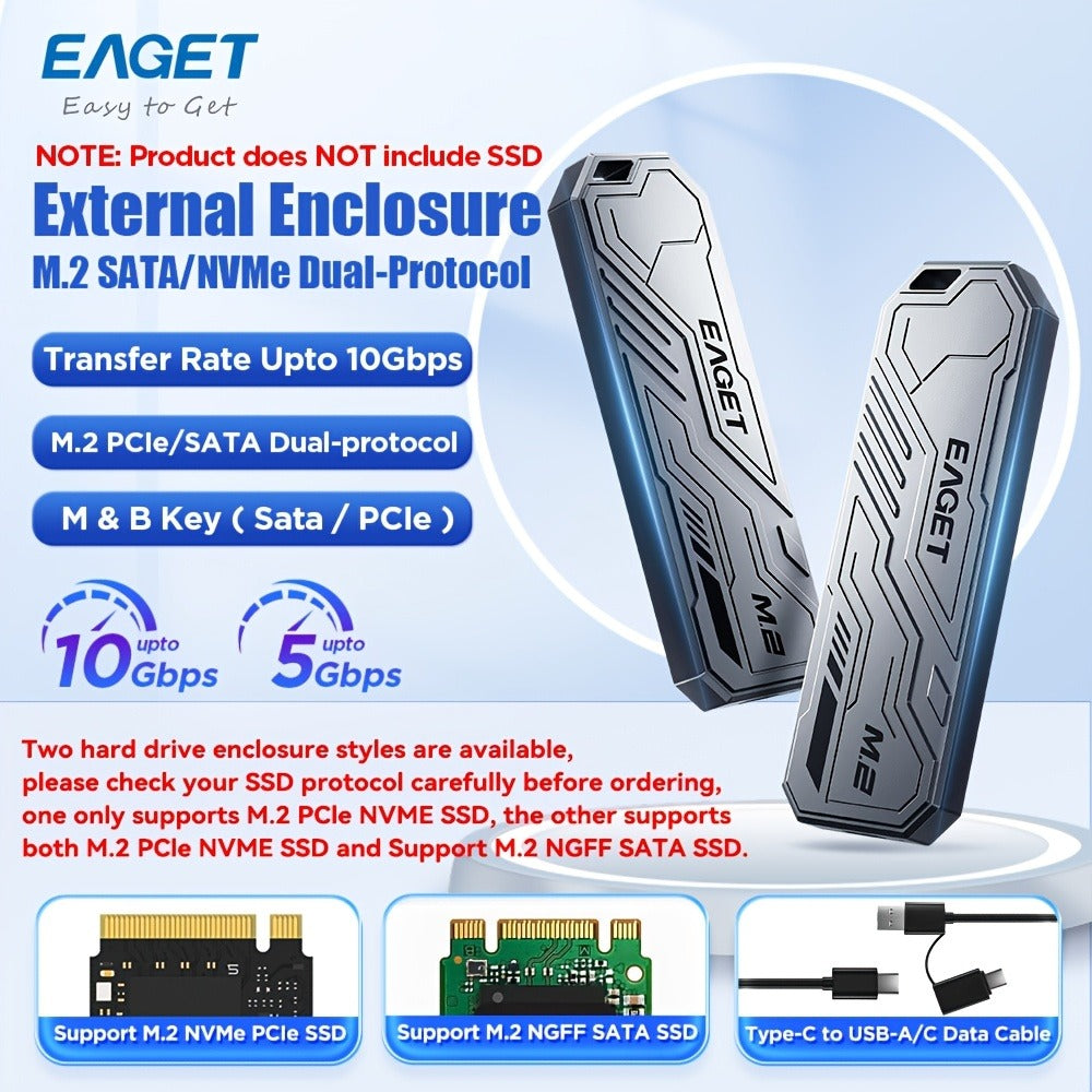 SE910D NVMe SSD Enclosure USB-C 10Gbps, Aluminum M.2 PCIe & NGFF SATA External Case, USB 3.2 Gen 2 Type-C Adapter