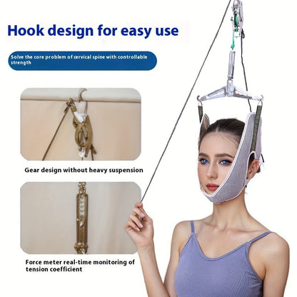 Cervical Traction Device with Handle, Adjustable Neck Traction Belt & Shoulder Massager, Spinal Decompression Pillow for Tension