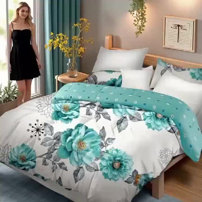 Botanical Floral Comforter and Pillowcase Set in Pink, Cyan or Lake Blue with Twin, Queen and King Sizes