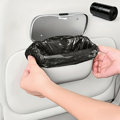 Slim Beige Car Trash Bin with Push Lid, Snap-On Mount, 17.1 cm Width and Included Liner Bags