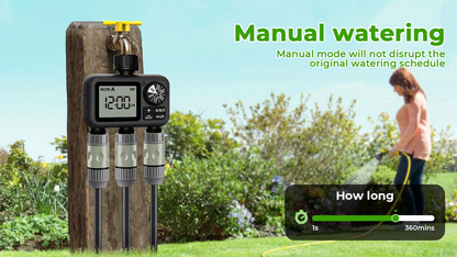3-Zone Sprinkler Timer with Auto/Manual/Rain Delay Modes, Programmable Garden Hose Irrigation Controller