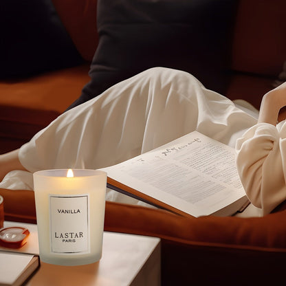 LASTAR Vanilla Scented Candle, 70g Frosted Round Glass Jar with 2.4 oz Marking and Pictured Carton