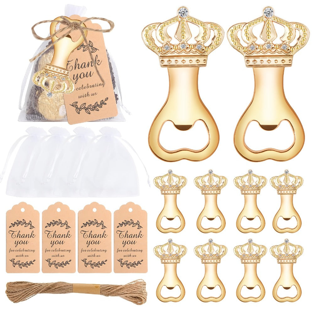 Crown Bottle Opener Wedding Favors, 10 Sets with Organza Bags, Thank You Tags and Twine for Bridal Showers and Guest Gifts