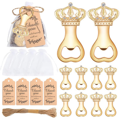 Crown Bottle Opener Wedding Favors, 10 Sets with Organza Bags, Thank You Tags and Twine for Bridal Showers and Guest Gifts