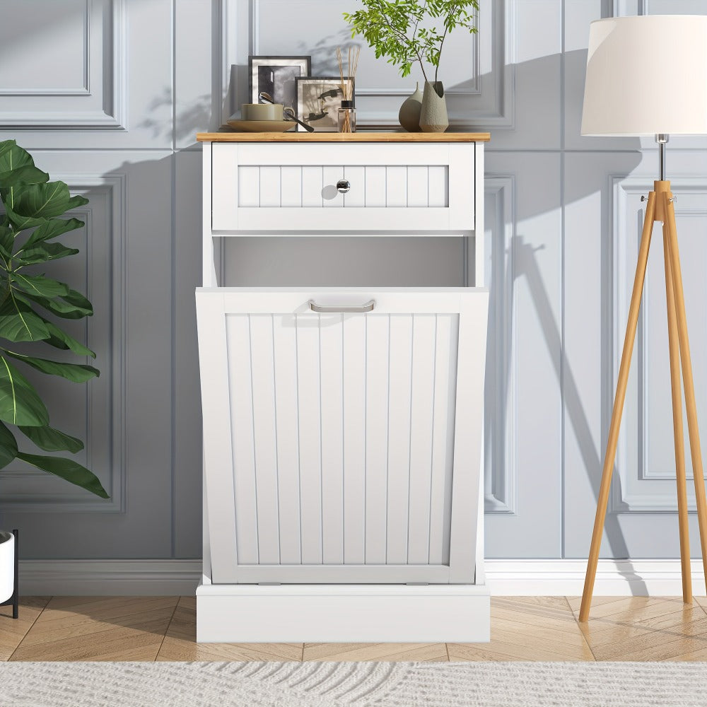 Tilt Out Trash Cabinet Freestanding Kitchen Garbage Cabinet with Cutting Board & Drawer, Wood Hideaway Recycling Station