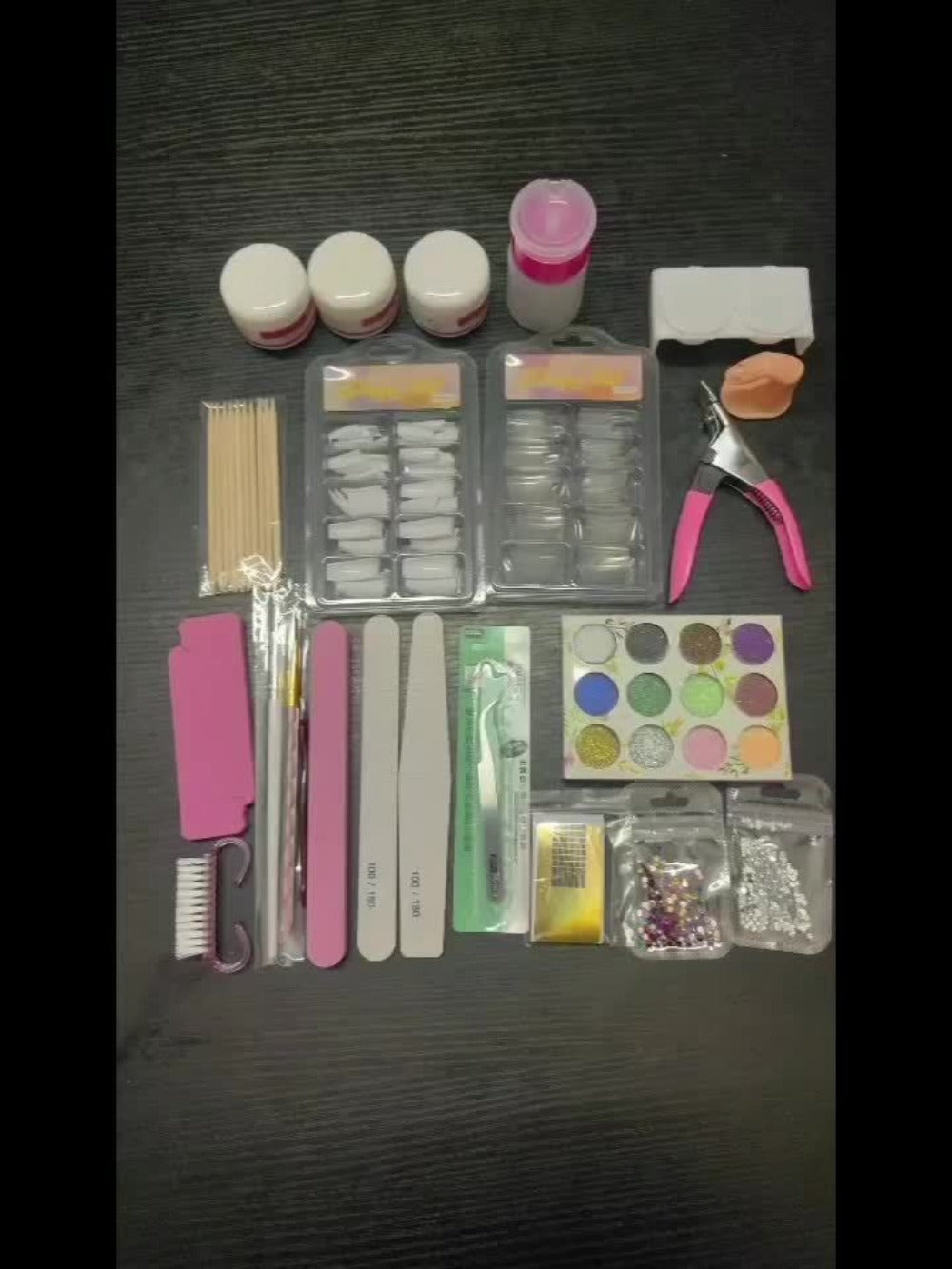 Acrylic Nail Kit with 12 Glitter Powders, Three Base Powders, Nail Tips, Forms and Application Tools