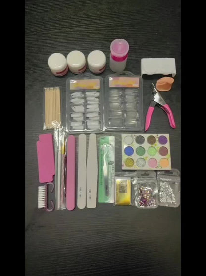 Acrylic Nail Kit with 12 Glitter Powders, Three Base Powders, Nail Tips, Forms and Application Tools