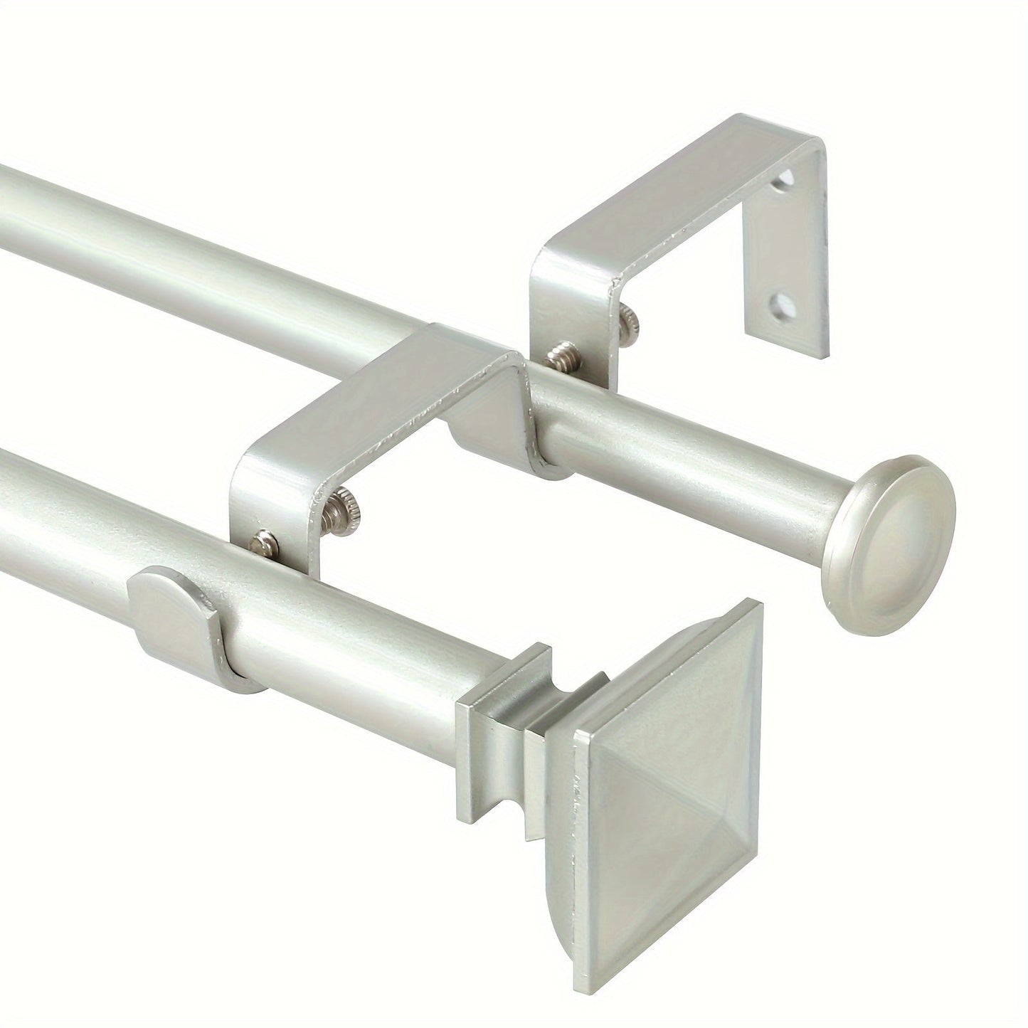 Double Curtain Rod Set with Square Urn Finials, Dual Brackets and Five Finish Options for Layered Panels