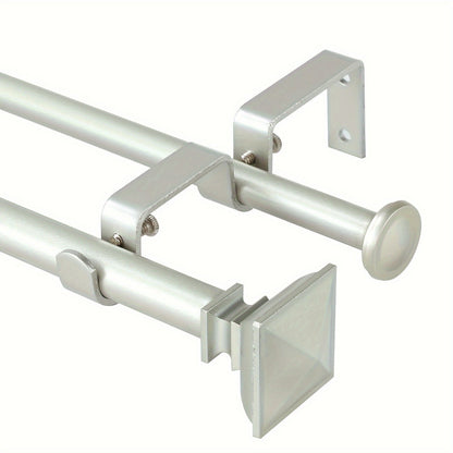 Double Curtain Rod Set with Square Urn Finials, Dual Brackets and Five Finish Options for Layered Panels