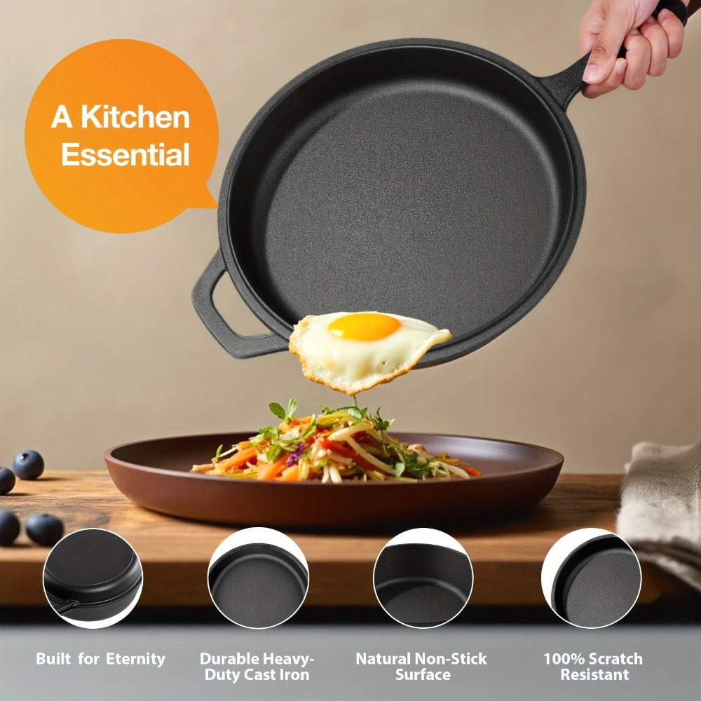 2-in-1 Cast Iron Dutch Oven with 26cm Deep Pot and Long-Handle Skillet Lid for Stovetop, Oven or Campfire