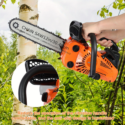 Compact 25.4CC Gas Chainsaw with 12-Inch Guide Bar and Orange Two-Stroke Engine Housing Design