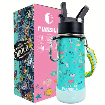 FIANSILL 16oz Stainless Steel Water Bottle with Flip-Up Straw Lid, Wrist Strap, Carabiner and Eight Prints