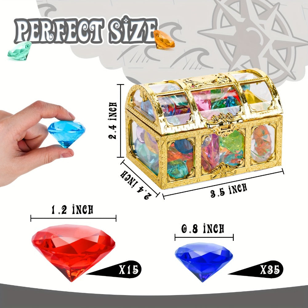 Pool Diving Gems 50 Piece Set with Pirate Treasure Chest, Underwater Acrylic Gemstone Dive Game for Kids