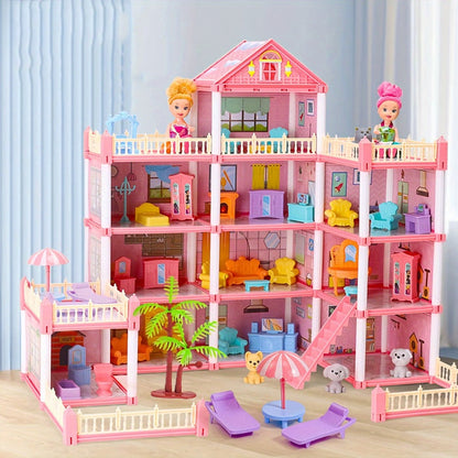Princess Doll House Castle with Furniture & Accessories, Pink or Blue Mini Villa Playset 14 to 27 Rooms