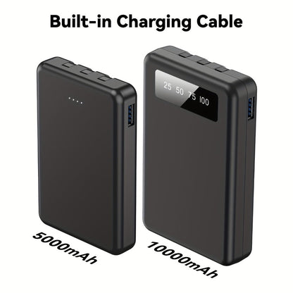 Power Bank Slim 5000mAh or 10000mAh with Built-In USB-C Cable, Four-Device Layout and LED Display