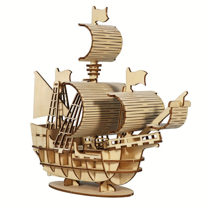 Wooden Sailing Ship Model Kit with 57 Pieces, 20 cm Length and Ocean Design for Ages 14 Plus