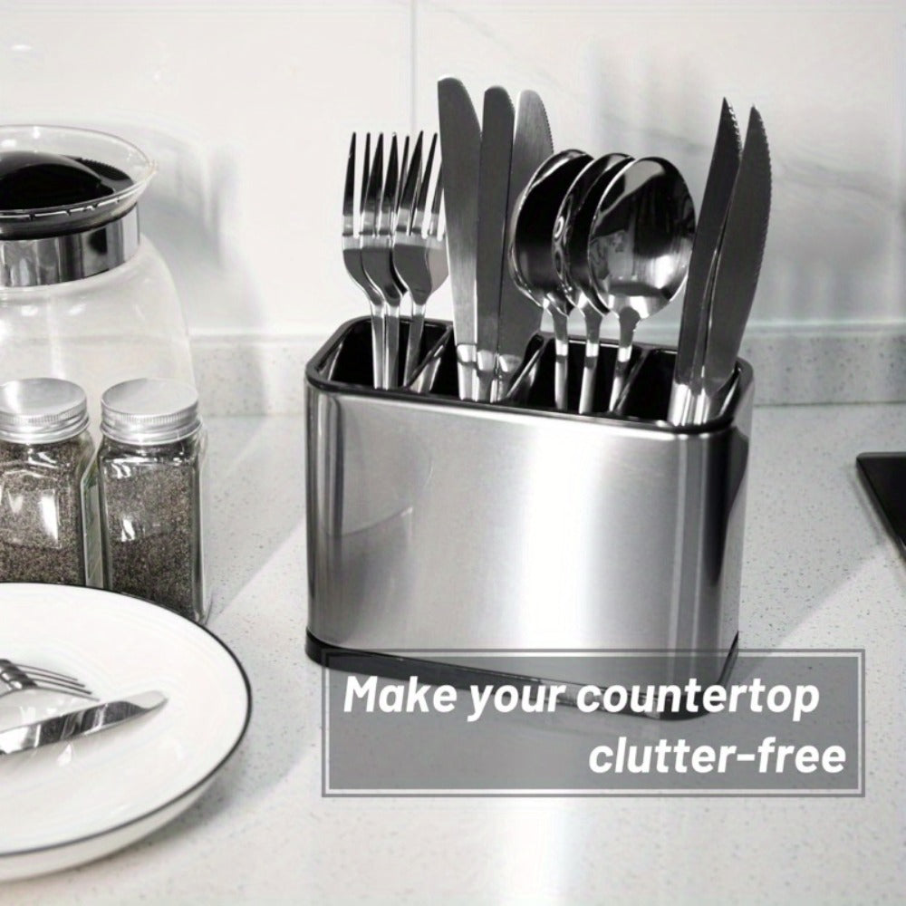 Utensil Holder Stainless Steel Cutlery Organizer 4-Compartment Countertop Caddy Anti-Slip for Home Cooking, Dining and Outdoor Meals