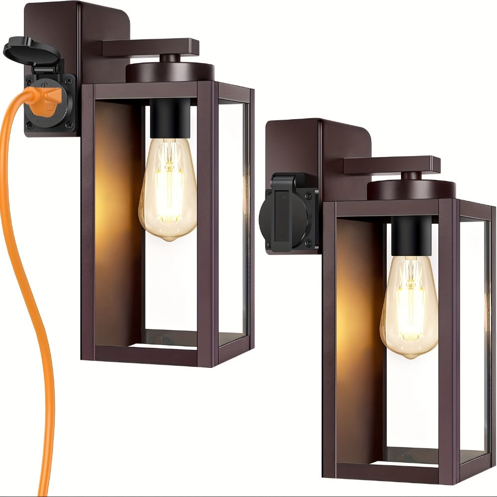 Outdoor Wall Light with Outlet 2-Pack - Modern Exterior Porch Wall Sconce Lighting Fixture for Front Door