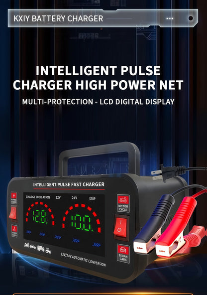 Car Battery Charger 12V/24V with LCD Display – Fast Charging Portable Maintainer for Cars, Trucks, RVs & Motorcycles, Overcharge Protection