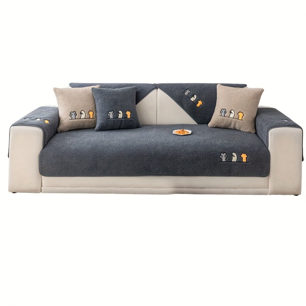 Sofa Cover Thick Plush Shearling Panels with Animal and Bone Embroidery and Backing Detail for 2 to 4 Seats