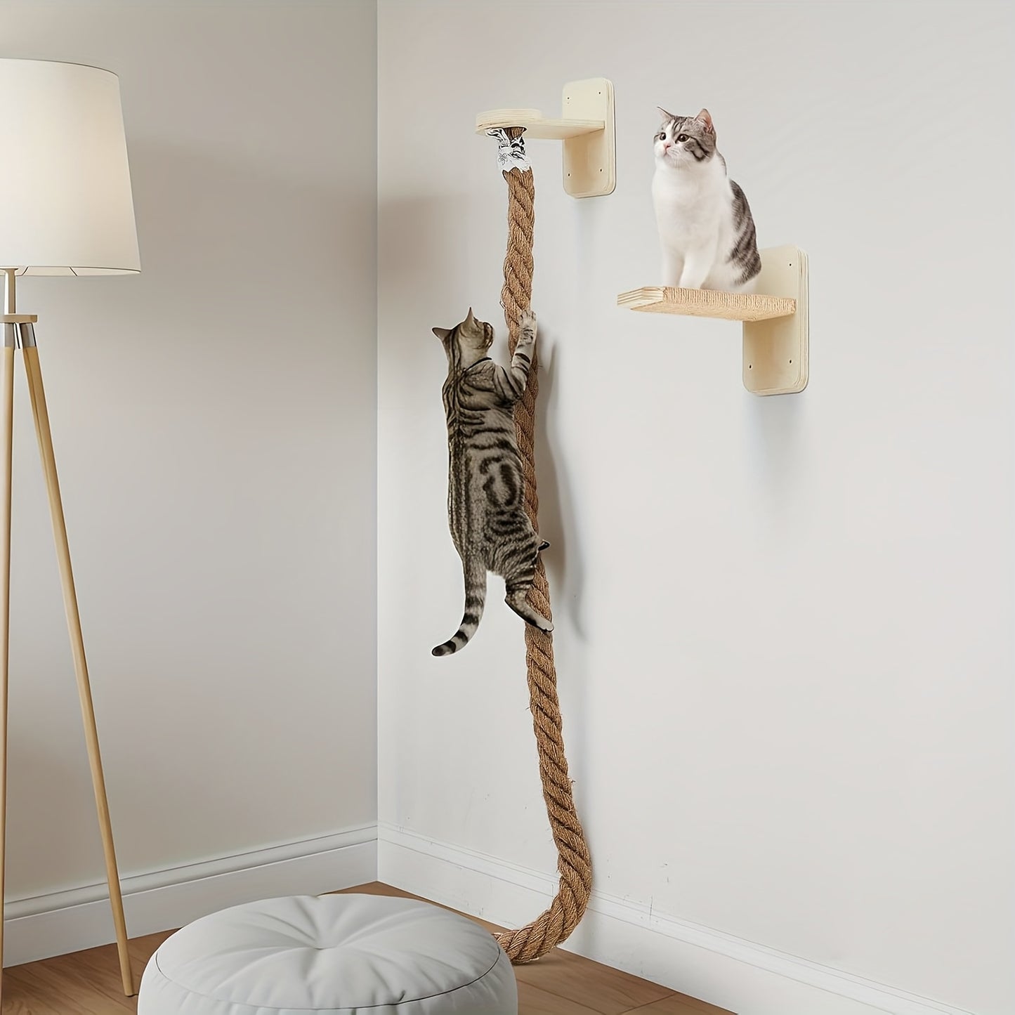 Wall-Mounted Cat Scratching Post with Climbing Rope Jute Rope Jump Platform Resting Perch Large Ladder Cat Tree Activity Center Space-Saving