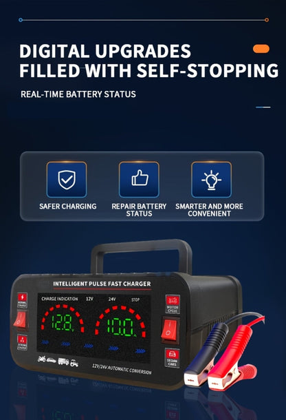 Car Battery Charger 12V/24V with LCD Display – Fast Charging Portable Maintainer for Cars, Trucks, RVs & Motorcycles, Overcharge Protection