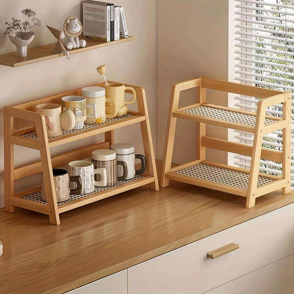 Bamboo Countertop Shelf Organizer 2-Tier – Trapezoidal Wooden Storage Rack for Kitchen Office Bedroom and Desk
