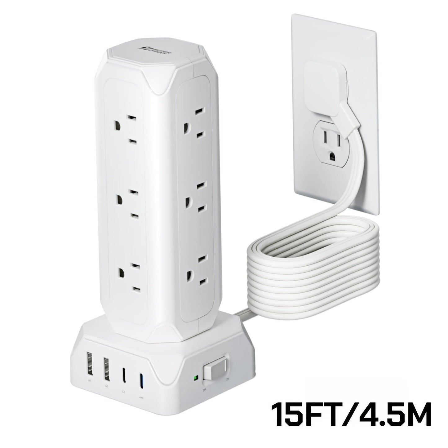 Power Strip Tower 16-in-1 Surge Protector 12 AC Outlets 4 USB Ports USB-C PD20W 1800J Protection for an Everyday Personal Care Routine