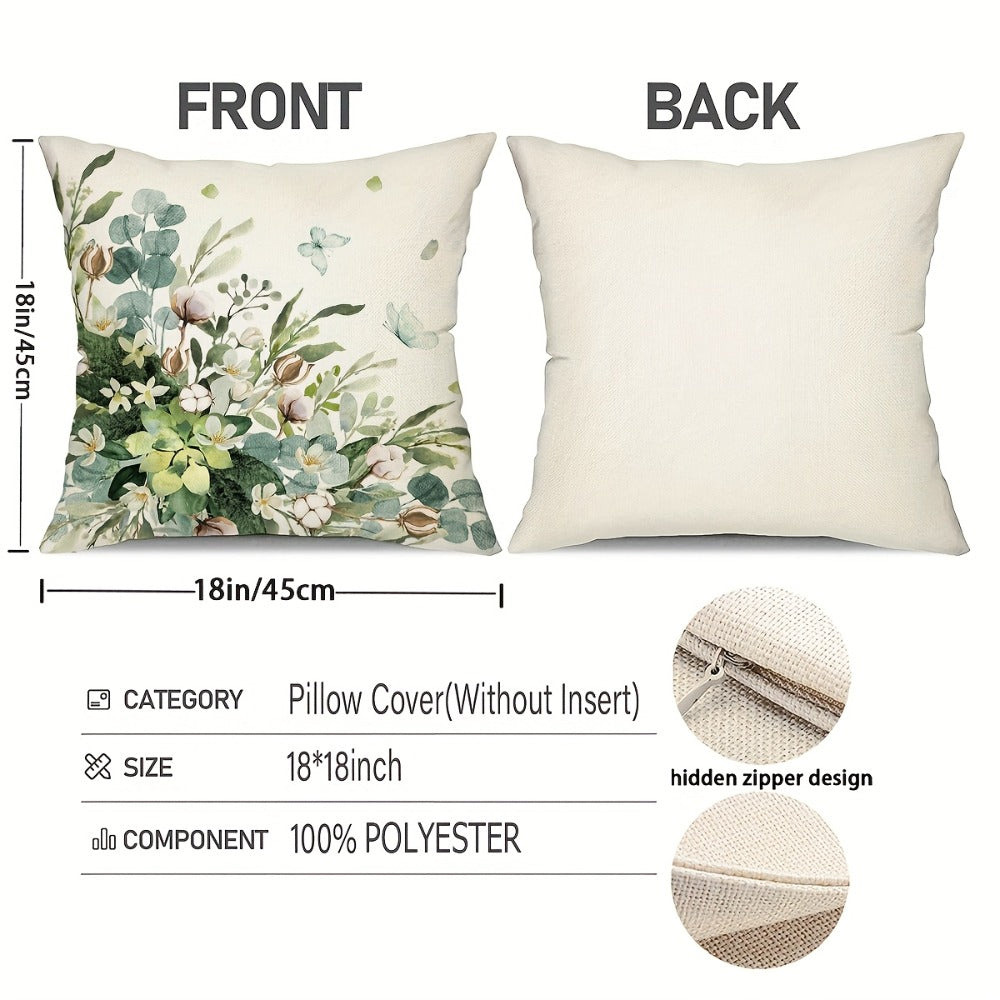 Four-Piece Farmhouse Pillow Cover Set, 18 x 18 Inches with Eucalyptus, Bicycle and Typography Prints