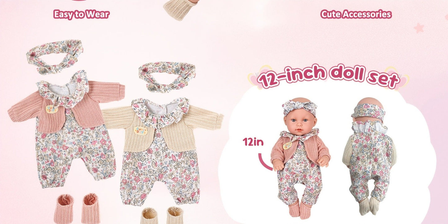 Floral Dress Baby Doll 12 Inch with Rabbit Plush Toy Gift Set, Realistic Vinyl Doll with Floral Outfit