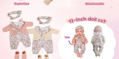 Floral Dress Baby Doll 12 Inch with Rabbit Plush Toy Gift Set, Realistic Vinyl Doll with Floral Outfit
